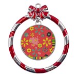 Flowers Pattern Metal Red Ribbon Round Ornament Front