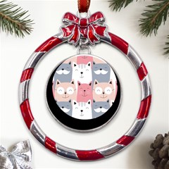 Cute Seamless Pattern With Cats Metal Red Ribbon Round Ornament