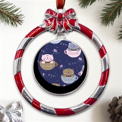 Cute Kittens Sleep Sweetly Mugs Metal Red Ribbon Round Ornament