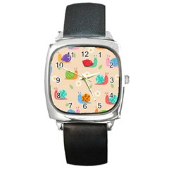 Seamless Pattern Cute Snail With Flower Leaf Square Metal Watch by Simbadda