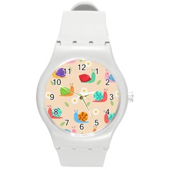 Seamless Pattern Cute Snail With Flower Leaf Round Plastic Sport Watch (m) by Simbadda