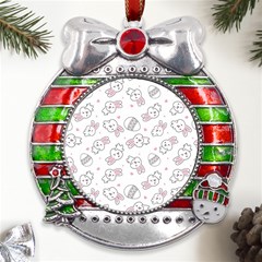 Cute Pattern With Easter Bunny Egg Metal X mas Ribbon With Red Crystal Round Ornament by Simbadda