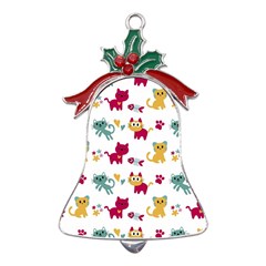 Pattern With Cute Cats Metal Holly Leaf Bell Ornament