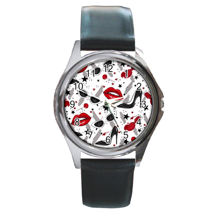 Red Lips Black Heels Pattern Round Metal Watch