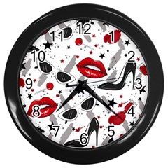 Red Lips Black Heels Pattern Wall Clock (black) by Simbadda