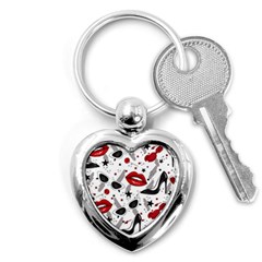 Red Lips Black Heels Pattern Key Chain (heart) by Simbadda