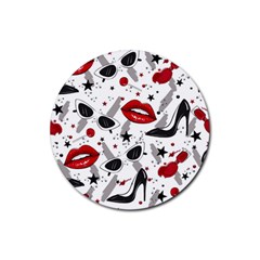 Red Lips Black Heels Pattern Rubber Round Coaster (4 Pack) by Simbadda