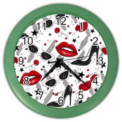 Red Lips Black Heels Pattern Color Wall Clock by Simbadda