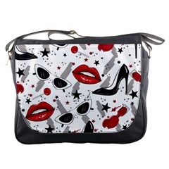 Red Lips Black Heels Pattern Messenger Bag by Simbadda