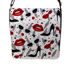 Red Lips Black Heels Pattern Flap Closure Messenger Bag (l) by Simbadda