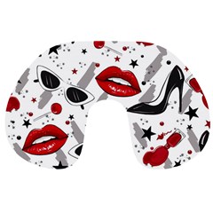 Red Lips Black Heels Pattern Travel Neck Pillow by Simbadda