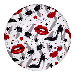 Red Lips Black Heels Pattern Round Glass Fridge Magnet (4 Pack) by Simbadda