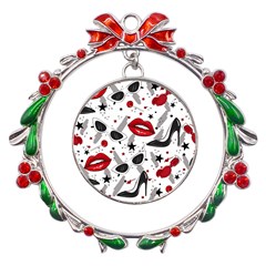 Red Lips Black Heels Pattern Metal X mas Wreath Ribbon Ornament