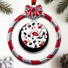 Red Lips Black Heels Pattern Metal Red Ribbon Round Ornament by Simbadda