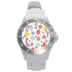 Easter Seamless Pattern With Cute Eggs Flowers Round Plastic Sport Watch (l) by Simbadda