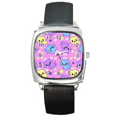 Seamless Pattern With Cute Kawaii Kittens Square Metal Watch by Simbadda