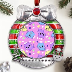 Seamless Pattern With Cute Kawaii Kittens Metal X mas Ribbon With Red Crystal Round Ornament