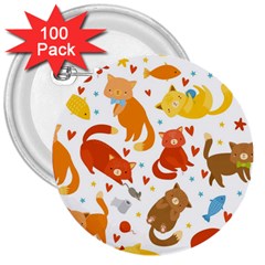 Seamless Pattern With Kittens White Background 3  Buttons (100 Pack)  by Simbadda