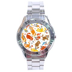 Seamless Pattern With Kittens White Background Stainless Steel Analogue Watch by Simbadda