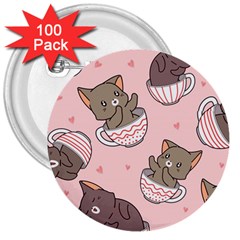 Seamless Pattern Adorable Cat Inside Cup 3  Buttons (100 Pack)  by Simbadda