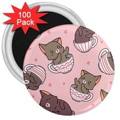 Seamless Pattern Adorable Cat Inside Cup 3  Magnets (100 Pack) by Simbadda