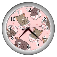 Seamless Pattern Adorable Cat Inside Cup Wall Clock (silver) by Simbadda