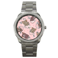 Seamless Pattern Adorable Cat Inside Cup Sport Metal Watch by Simbadda