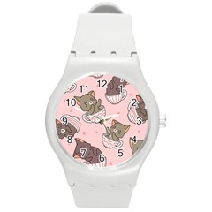 Seamless Pattern Adorable Cat Inside Cup Round Plastic Sport Watch (m) by Simbadda