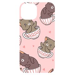 Seamless Pattern Adorable Cat Inside Cup Iphone 14 Black Uv Print Case by Simbadda