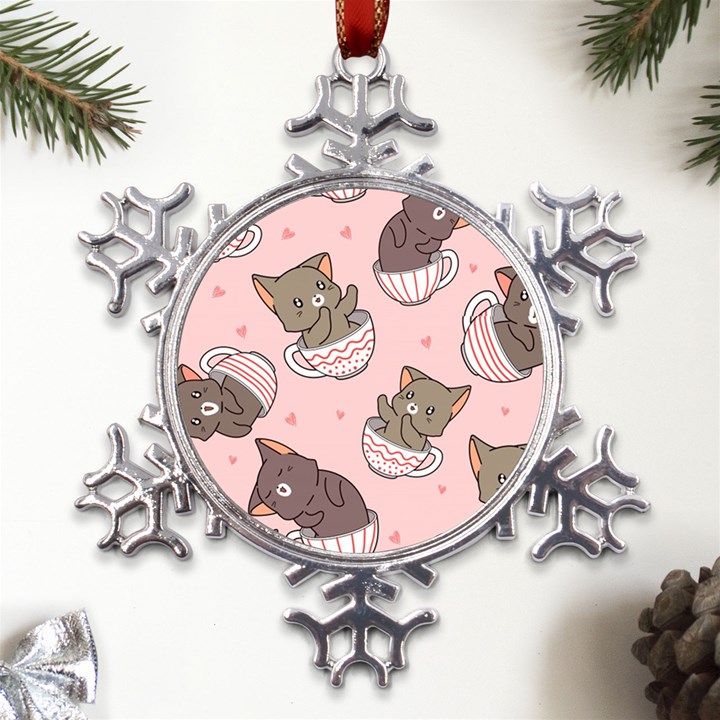 Seamless Pattern Adorable Cat Inside Cup Metal Large Snowflake Ornament