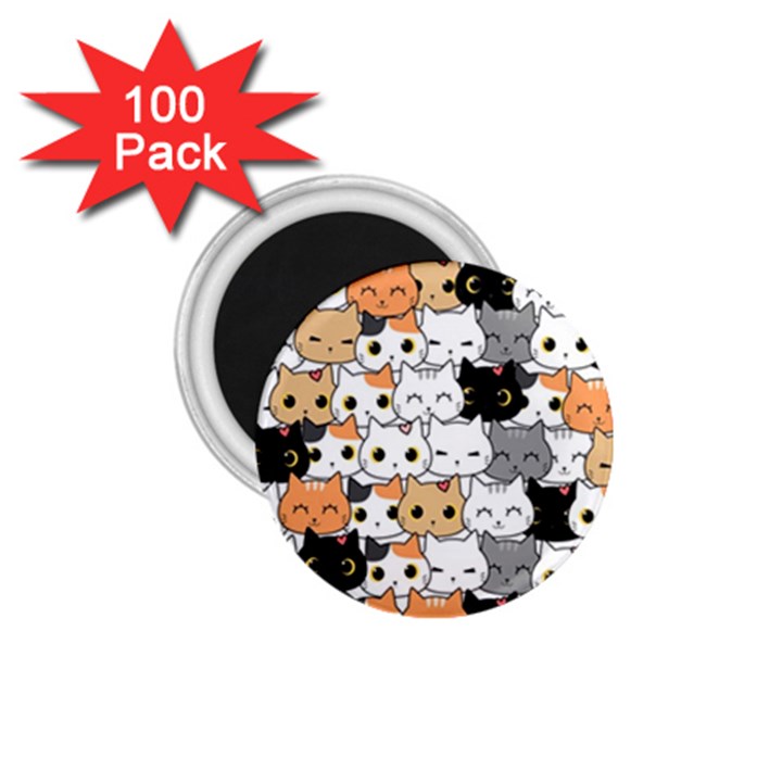 Cute Cat Kitten Cartoon doodle Seamless Pattern 1.75  Magnets (100 pack) 