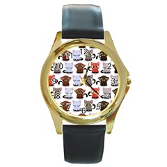 Seamless Pattern With Cute Little Kittens Various Color Round Gold Metal Watch by Simbadda