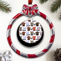 Seamless Pattern With Cute Little Kittens Various Color Metal Red Ribbon Round Ornament by Simbadda