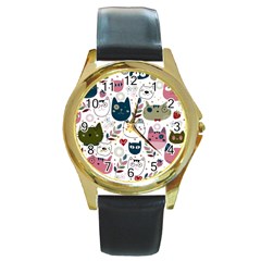 Pattern With Cute Cat Heads Round Gold Metal Watch by Simbadda