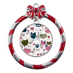 Pattern With Cute Cat Heads Metal Red Ribbon Round Ornament by Simbadda