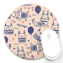 Cute Cats Doodle Seamless Pattern With Funny Characters Round Mousepad by Simbadda