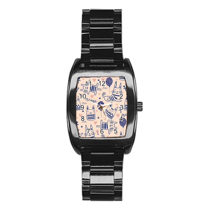 Cute Cats Doodle Seamless Pattern With Funny Characters Stainless Steel Barrel Watch