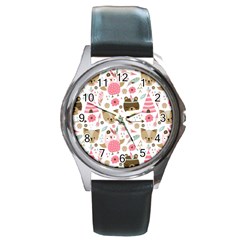 Pink Animals Pattern Round Metal Watch by Simbadda