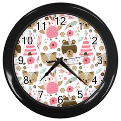 Pink Animals Pattern Wall Clock (black) by Simbadda