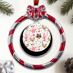 Pink Animals Pattern Metal Red Ribbon Round Ornament by Simbadda