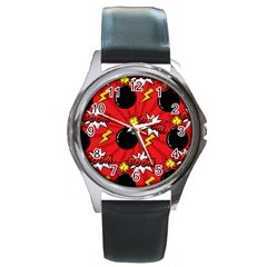 Pop Art Comic Pattern Bomb Boom Explosion Background Round Metal Watch by Simbadda