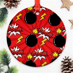 Pop Art Comic Pattern Bomb Boom Explosion Background Ornament (round) by Simbadda