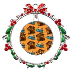 Pet House Bowl Food Seamless Pattern Metal X mas Wreath Ribbon Ornament