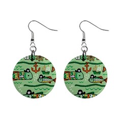 Seamless Pattern Fishes Pirates Cartoon Mini Button Earrings by Simbadda