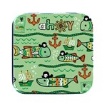 Seamless Pattern Fishes Pirates Cartoon Square Metal Box (Black) Front