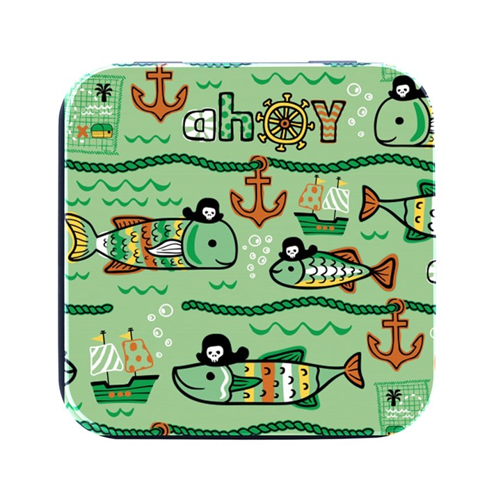 Seamless Pattern Fishes Pirates Cartoon Square Metal Box (Black)