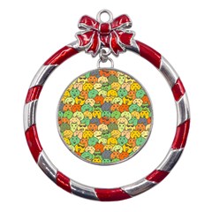 Seamless Pattern With Doodle Bunny Metal Red Ribbon Round Ornament by Simbadda