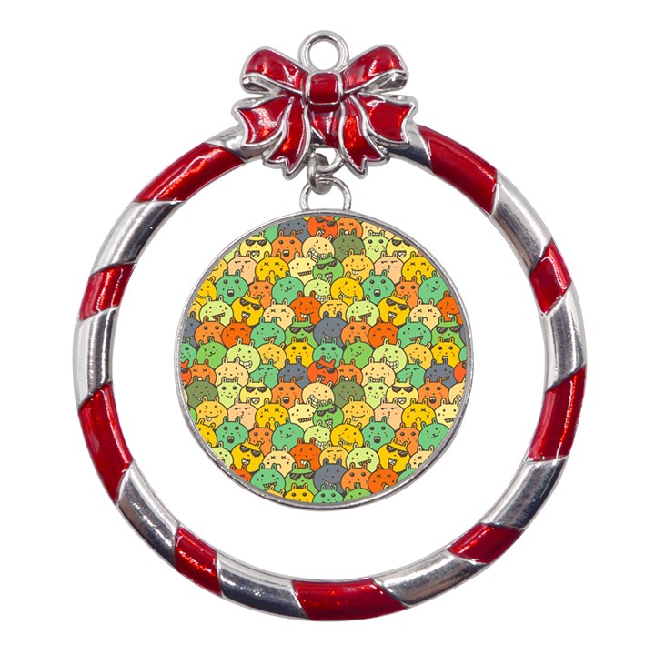 Seamless Pattern With Doodle Bunny Metal Red Ribbon Round Ornament