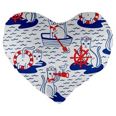 Nautical Cats Seamless Pattern Large 19  Premium Flano Heart Shape Cushions by Simbadda