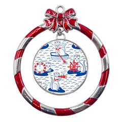 Nautical Cats Seamless Pattern Metal Red Ribbon Round Ornament by Simbadda